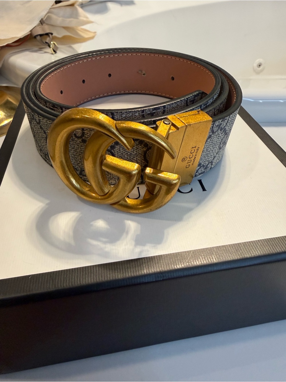 Gucci Men’s Gray Monogram Canvas Belt with Gold Double G Buckle